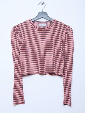 RESA red white black gray rib stripe knit puff shoulders long sleeve crop top L